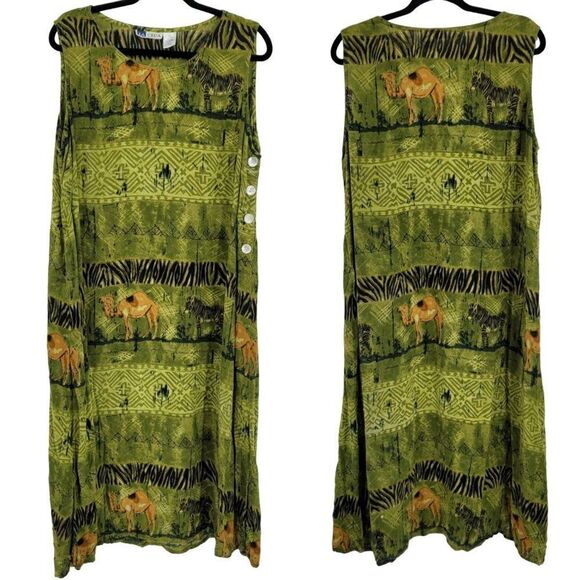 Vintage 80's La Cera Dress Rayon Scoop Button Shift Midi Safari Animals Green XL - Picture 1 of 15